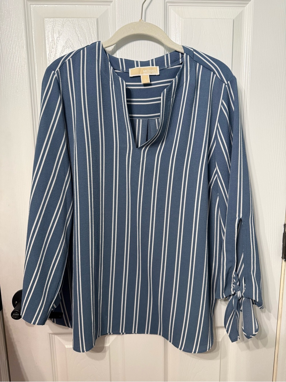 MICHAEL Michael Kors Blue and White Vertical-Striped Tie-Cuff Blouse